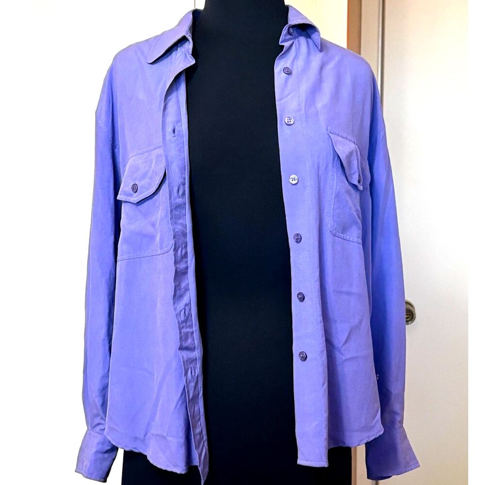 100% Silk Purple Button-up Top Vtg 1990s Quiet Luxury Old Money Career